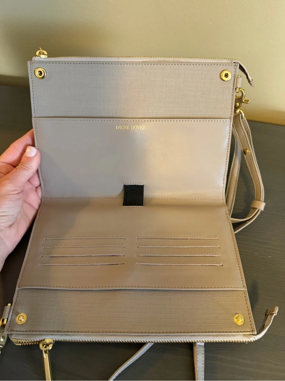 Dagne Dover Taupe Wristlet Crossbody with Gold Hardware